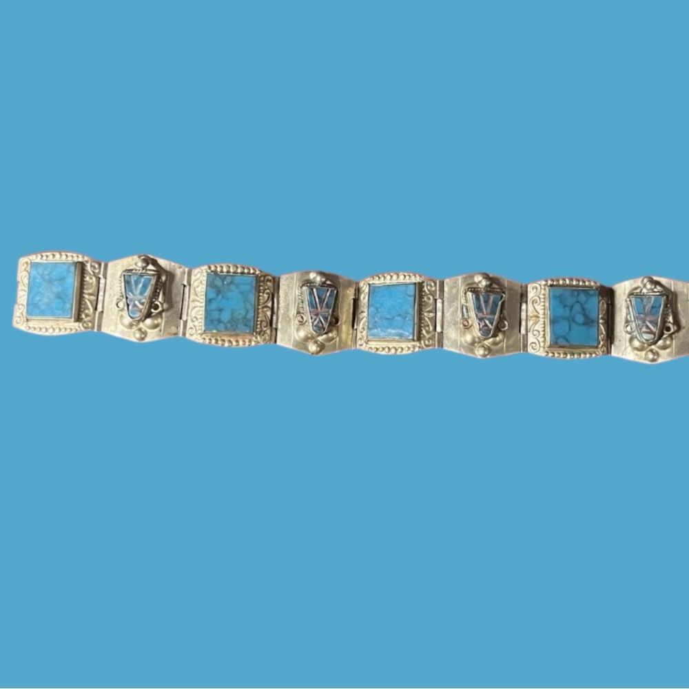 Vintage Alpaca Silver Sim Stone Inlay Mexican 8 Panel Bracelet HECHO  7.25”